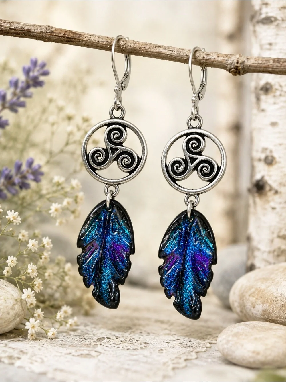 Celtic Triskelion Leaf Earrings | Iridescent Glass Dangles | Premium Leverbacks
